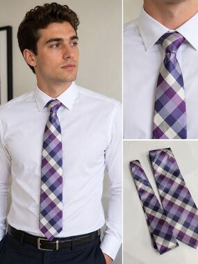 Calvin Klein Purple Plaid Silk Tie Men’s Necktie Lavender Gray Geometric Check